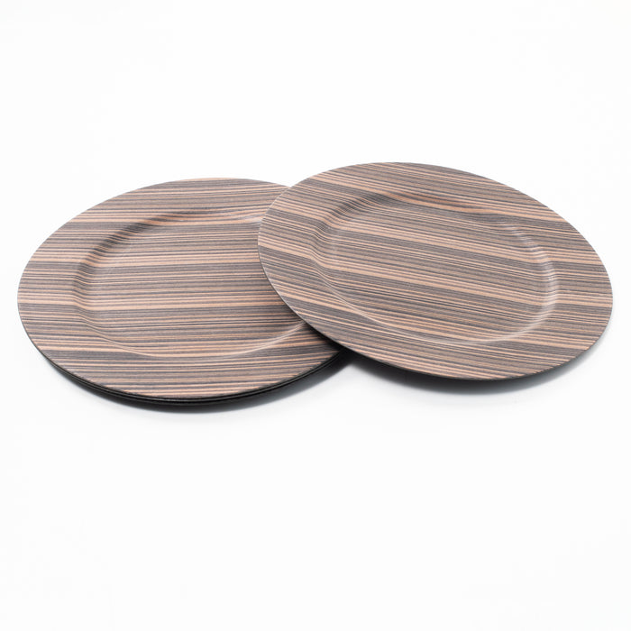 Set of 4 33cm Round Plastic Brown & Beige Wood Effect Charger Plates for Dinner