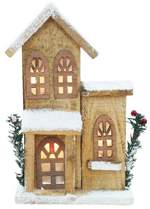 LED Wooden Christmas House Festive Light Up Xmas Ornament Frosted Snow & Berries