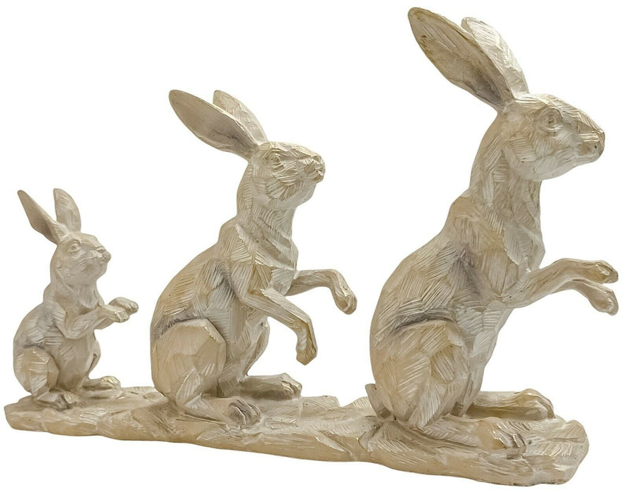 Resin Hare Family Ornament Driftwood Effect Rabbit Sculpture Animal Figurine