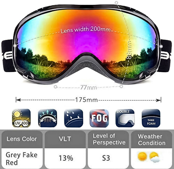 OTG Ski Goggles Adults Men Women with UV Protection, Anti-Fog Dual Lens Red