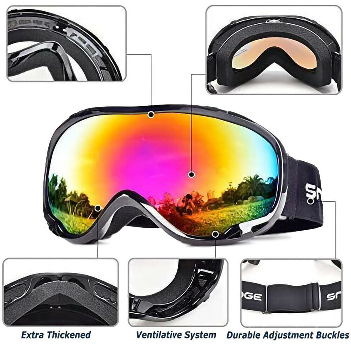 OTG Ski Goggles Adults Men Women with UV Protection, Anti-Fog Dual Lens Red