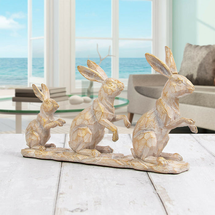 Resin Hare Family Ornament Driftwood Effect Rabbit Sculpture Animal Figurine