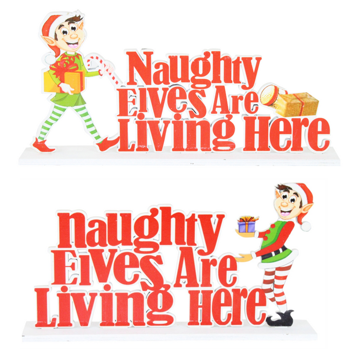 Christmas Elf Decoration - Merry Santa Elves Table Ledge Ornament Word Plaque