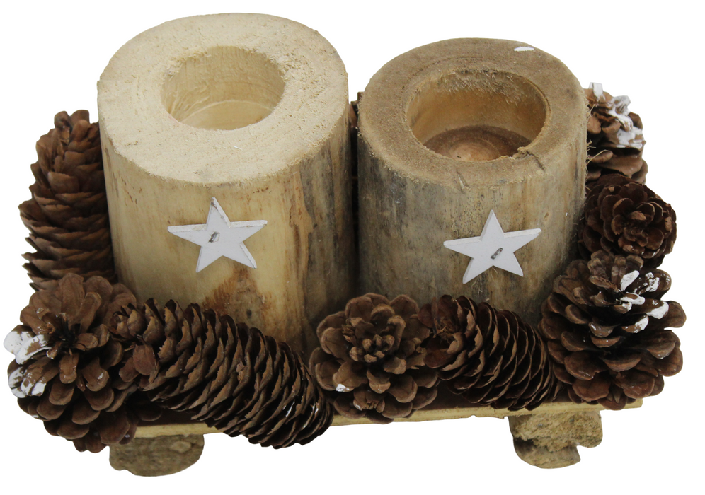 21cm Rustic Wooden Christmas Candle Holder with Snow-Tipped Pine Cones on Stand