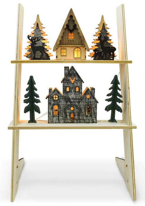 Wooden Light-Up Christmas Ladder, Illuminated Village Houses 6x Warm White LEDs