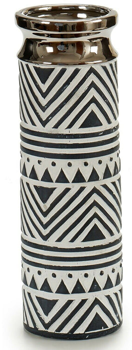 30cm Tall Round Ceramic White & Silver Decorative Flower Vase Geometric Design