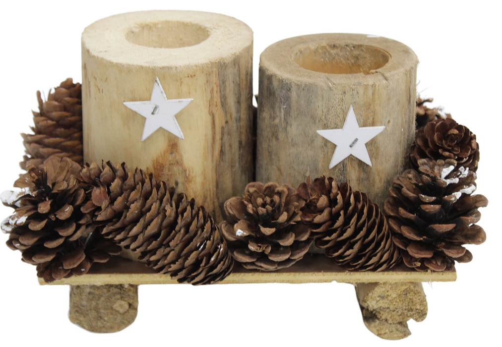 21cm Rustic Wooden Christmas Candle Holder with Snow-Tipped Pine Cones on Stand