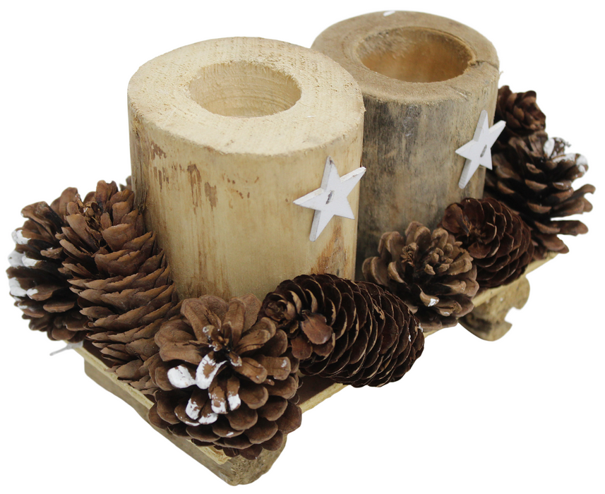 21cm Rustic Wooden Christmas Candle Holder with Snow-Tipped Pine Cones on Stand