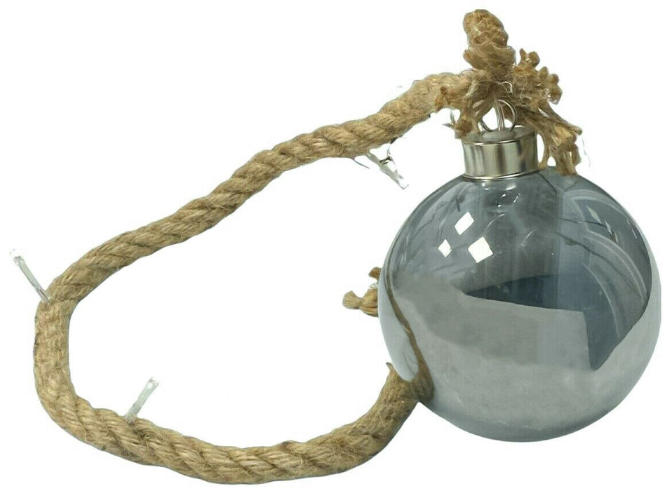 12cm Silver Tinted LED Glass Bauble with Rustic Rope for Christmas Tree Decor