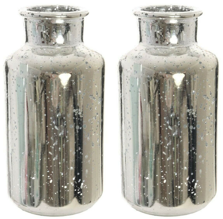 Set of 2 Glass Decorative Flower Vase Silver Splatter Funnel Neck Vase