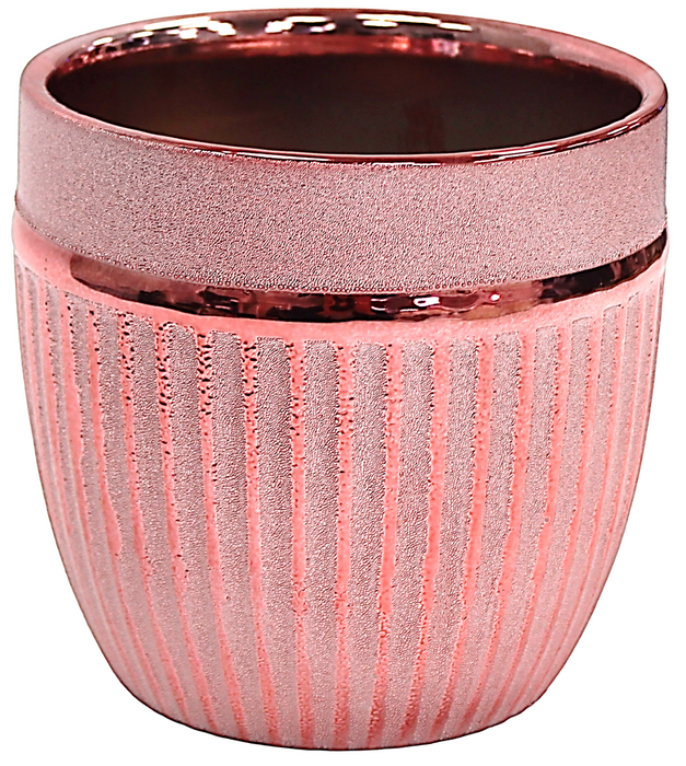 Round Shiny Pink Plant Pot Smart Ceramic Striped Planter Medium Flower Pot