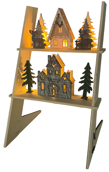 Wooden Light-Up Christmas Ladder, Illuminated Village Houses 6x Warm White LEDs